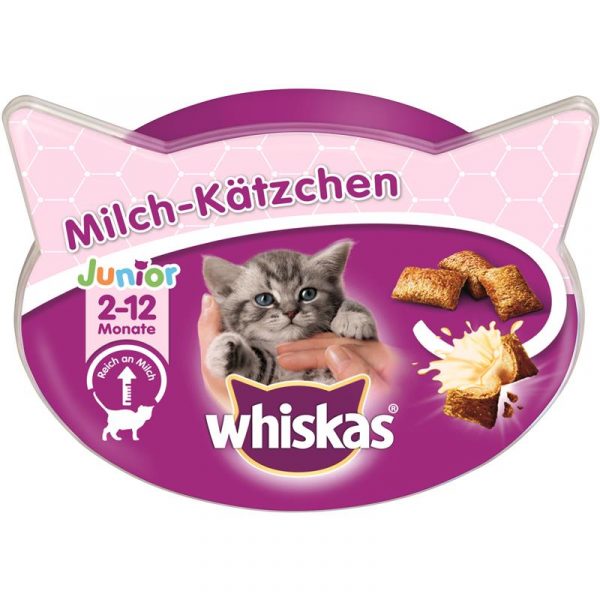 Whiskas Milch-Kätzchen 55g. Katzensnacks mit einer knusprigen Hülle und einem unwiderstehlich cremigen Kern, die die Entwicklung Ihrer Katze unterstützen.