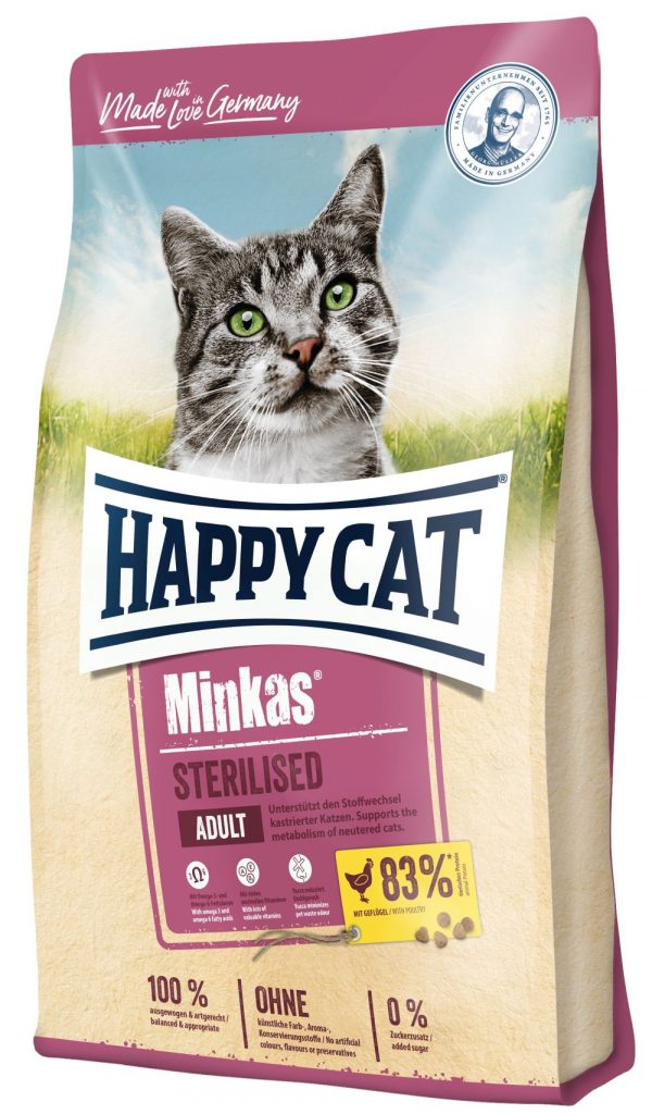 Happy Cat Minkas Sterilised Geflügel 1,5kg unterstützt mit ihrem reduzierten Fettgehalt und sättigenden Ballaststoffen den Erhalt des Gewichts deiner Katze.