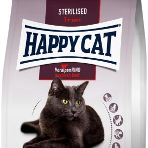 Happy Cat Sterilised Voralpen Rind 300g für kastrierte Katzen. Die Struktur der großen Krokette unterstützt zudem die Zahnpflege.