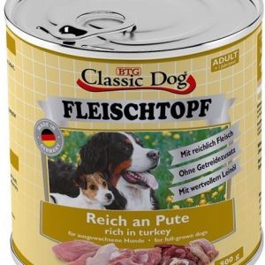 Classic Dog Fleischtopf Pute 800g ohne Kohlenhydrate und Zusatz von Getreide, enthält wertvolles Leinöl und ist für alle ausgewachsenen Hunde geeignet.