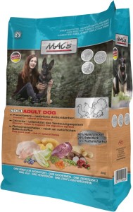 Macs Soft Huhn+Ente 5Kg getreidefrei ist eine Kombination aus 40% Hühnchenrfleisch, 28% Ente und 6% Lachs und ist besonders für empfindliche Hunde geeignet.