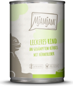 Mjamjam Katze Rind und Kürbis 400g , verfeinert mit gesundem Kürbis und Hühnerleber, gibt ihm ein einzigartiges und exklusives Genusserlebnis.