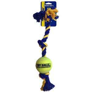 PETSPORT Mini-3-Knotenseil mit Ball Spielzeug für Hunde. Geflochtenes Seil gefertigt aus starker, Baumwolle. Die blau/gelbe Farbe ist gut erkennbar.