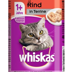 Whiskas Terrine Rind 400g, Feuchtfutter mit Vitamin E, Mineralstoffen und Kalziumzusatz, um die Entwicklung starker Knochen zu unterstützen.