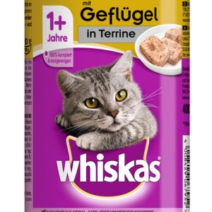 Whiskas Terrine Geflügel 400g enthält nahrhafte und schmackhafte Stücke, um Ihrer ausgewachsenen Katze eine Mahlzeiten zu geben, die sie liebt.